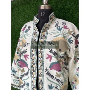 Veste d'Hiver Unisexe en Coton Broderie Florale Tricotée Suzani Motif Floral Textile Indien Manteau Court de Fête - Product Image 5