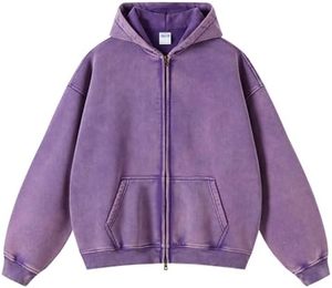 เสื้อฮู้ดดี้ผู้ชายสไตล์วินเทจ ล้างสีแบบแอซิด 100% ผ้าฝ้ายเนื้อหนา สตรีทแวร์ ทรงโอเวอร์ไซส์ ไหล่ตก ซิปหน้า กันน้ำ - Product Image 1