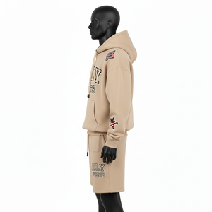 Heavyweight 320 GSM Cotton Poly Fleece Hoodies And <b>Shorts</b> Set <b>Men</b> Beige Casual Outfit Custom Logo Embroidery <b>Patch</b> - Product Image 4