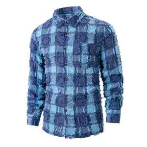 Chemise en jean vintage décontractée à manches longues pour homme avec logo personnalisé, col à revers à franges, simple boutonnage, idéale pour l'automne - Product Image 1