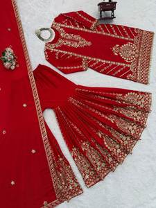 Heavy Faux Georgette listo para usar completamente cosido pesado bordado secuencia trabajo Kurti Gharara Sharara Dupatta conjunto para mujeres - Product Image 3