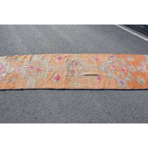 Alfombra de lana turca naranja y rosa Vintage, diseño de retales de tejido plano de 2,6x11,5 pies para decoración para sala de estar, respaldo de látex de 4m de ancho - Product Image 3