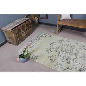 Turkish Vintage Rug 3.7x8.2 ft, <b>Yellow</b> Area Floral <b>Wool</b> Rug - Product Image 5