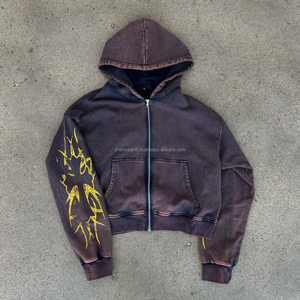 Sudadera con capucha recortada Cremallera French Terry Screen Print Sun Faded Acid Washed Distressed Vintage Heavyweight Men Hoodie - Product Image 3