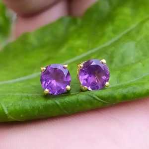 Natural Amethyst Stud Earrings 925 Sterling Silver 14K Gold Plated Cute February Birthstone Simple Everyday Jewelry Anniversary - Product Image 1