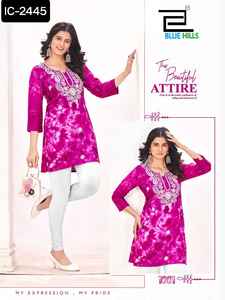 Ropa de verano de moda india Tops de rayón viscoso con Chikan Work en impresiones de tinte con Chikan Work Short Kurtis para ropa de mujer - Product Image 6