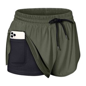Women's High Waist Running Shorts Solid Olive Green Drawstring Quick Dry Sporty Fit Knitted Polyester Spandex - Product Image 2