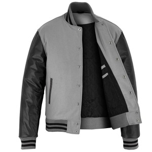 2026 OEM High Street Men's Grey Fleece With Black <b>Leather</b> Sleeves Stand Collar Low Price Heated Windproof <b>Winter</b> Varsity <b>Jackets</b> - Product Image 3