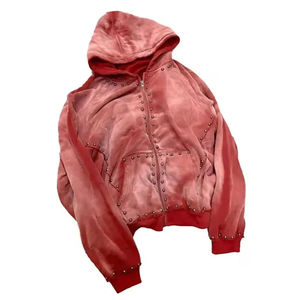 New <b>Trendy</b> Men's <b>Hoodie</b> Sun Faded Zip French Terry Acid Wash 500 GSM Heavyweight with Rhinestone Street Wear - Product Image 6