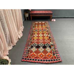 Vintage <b>Red</b> Ikat Wool Turkish Rug Eco-Friendly Patchwork Design Latex Backing 2.9x7.8 ft <b>Runner</b> Rug - Product Image 4