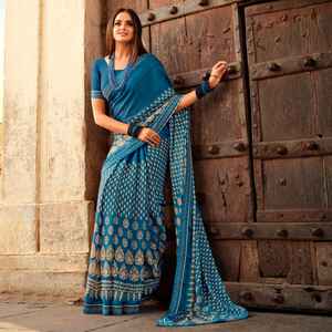 Sari de Georgette para Fiesta de Bollywood Pakistaní, Diseño de Alta Costura para Adultos, Nuevo Sari Indio Estampado con Encaje de Alta Calidad - Product Image 1
