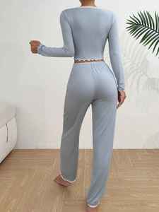 2025 colección Otoño Invierno conjunto de pijamas de encaje Sexy para mujer camisa de manga larga pantalones de cintura elástica ropa de descanso cómoda - Product Image 5