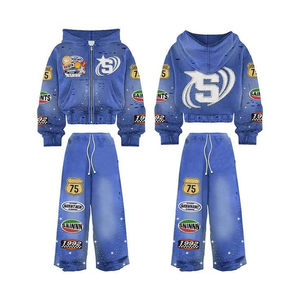 Conjunto Deportivo Informal de Pantalones Deportivos Anchos con Pedrería y Sudadera con Capucha, Estilo Urbano, Lavado Ácido Desgastado Personalizado - Product Image 2