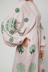 Robe décontractée rose pour femme, style motard, brodée, en lin/coton tricoté, manches bouffantes, imprimé cachemire, longueur genou, coupe fourreau, col rond - Product Image 2