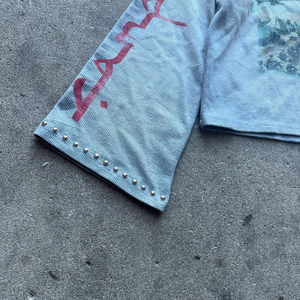 Customized Cotton Waffle T Shirt For <b>Men</b> Oversized Boxy Fit <b>Cropped</b> Long Sleeve Drop Shoulder DTG Print With Rhinestone Studs - Product Image 6