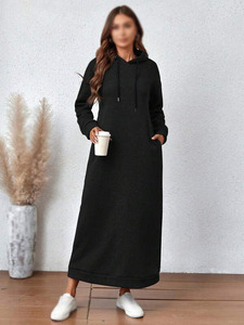 Vestido Sudadera Largo con Capucha de Felpa de Algodón Tejido para Mujer, Ropa de Invierno con Bolsillos, Opciones de Estampado Sólido y Bordado - Product Image 5