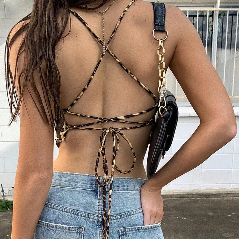 Summer hot selling women's backless leopard print suspender spaghetti straps slim sexy hottie navel-baring suspender top