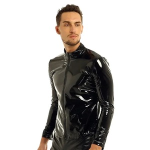 Men's Shiny Black Faux Latex Leather Top Coat with <b>Stand</b>-Up Collar Long Sleeve Canvas Jacket Glossy PVC Tight Fit - Product Image 4