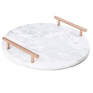 Plateau de service en marbre blanc de créateur avec poignées dorées pour servir des pâtisseries, du thé, du café, design étonnant, personnaliser à un prix abordable - Product Image 6