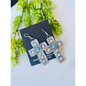Tim Yazzie Kingman Turquoise & Sterling <b>Silver</b> <b>Drop</b> <b>Earrings</b> Dangle Cross Design for Christian Occasions Great Gift Idea - Product Image 3