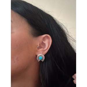 Annette Chiquito Kingman Turquoise & Sterling Silver Stud <b>Earrings</b> <b>Horse</b> <b>Shoe</b> Post with Bezel Setting - Product Image 2