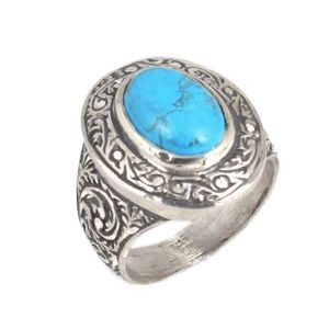 Anillo de Plata de Ley 925 de 14K para Hombre, Estilo Pluma, Rectangular Ovalado, con Turquesa en Engaste de Bisel, Delicado para Uso Diario - Product Image 1