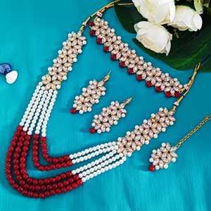 Joyería de fabricación india, gargantilla de cristal multicapa con cuentas de perlas de imitación florales étnicas, joyería India nupcial para mujer, Rojo - Product Image 2