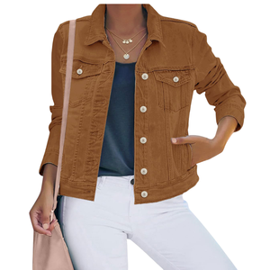 Veste en jean marron de nouvelle conception pour femmes, 100% coton, respirante, séchage rapide, automne-hiver, bouton, poche, veste en jean unie, teinte unie - Product Image 1