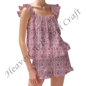 Conjunto de pijama de manga corta con volantes Hippie bohemio para mujer - Product Image 5