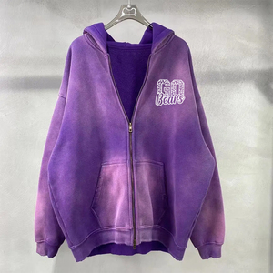 Sun Fade Acid Wash Hoodies Ropa de calle de gran tamaño Manga larga Cremallera Up Sudaderas con capucha lavadas con ácido con diseño serigrafiado - Product Image 3