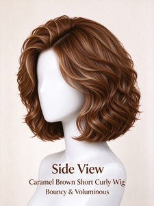 Peluca Corta Ondulada Marrón Caramelo, Peluca de Cabello Sintético con Encaje Completo sin Pegamento para Mujer, Uso Diario - Product Image 4