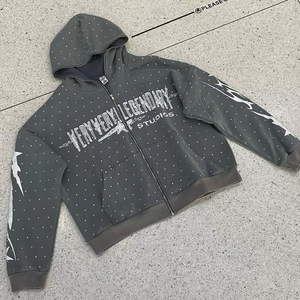 Sweat à capuche personnalisé 100% coton avec appliques brodées en strass sweat à capuche brodé en détresse lavé à l'acide sweat à capuche avec fermeture éclair pour hommes - Product Image 2