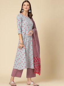 Ensemble ethnique pour femmes, style indien traditionnel, en tissu de coton uni, comprenant une kurta brodée teinte en pièce, un palazzo et un dupatta. - Product Image 2
