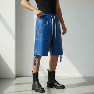 กางเกงขาสั้นผู้ชายสีน้ำเงิน ผ้าฝ้ายลำลอง เอวกลาง ทรงวินเทจ ระบายอากาศได้ดี แห้งเร็ว ถักทอด้วยมือ พร้อมเชือกผูกเอว ซิปสูง - Product Image 2