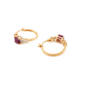 Wholesale Custom Gemstone Square Cut <b>Ruby</b> & Diamond 14K Yellow Gold Women Hoop Earrings Latest New Collection Jewelry - Product Image 6