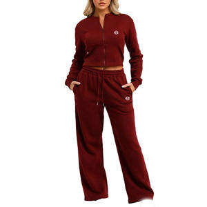 Conjunto de Chaqueta Corta con Cremallera y Pantalones Jogger de Pierna Ancha de Felpa de Algodón para Mujer, Chándal Transpirable para el Tiempo Libre, para Compras al por Mayor de Ropa - Product Image 1