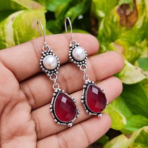 Ruby & <b>Pearl</b> Dangle <b>Earrings</b> <b>Silver</b> Plated Boho Jewelry Handmade Multi Stone <b>Earrings</b> Gift for Her Elegant Drop <b>Earrings</b> for - Product Image 3