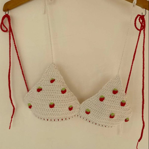 Crochet Strawberry <b>Bikini</b> Top, Strawberry Crop Top, Strawberry Hand Knitted Swimwear, Knitted Strawberry <b>Bikini</b> Top - Product Image 1