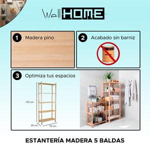 WELL HOME Estantería de Madera de 170x35x4 cm con 5 Estantes, Librerías Elegantes y Espaciosas - Product Image 2