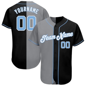Camiseta de Béisbol Personalizada en Oferta, Diseño de Bloques de Color Negro y Gris, Impresión de Nombre del Equipo, 00, Unisex, Adulto, Manga Corta, con Botones - Product Image 1