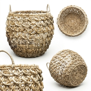 Panier de rangement naturel tressé à la main en treillis ouvert, pot rond, organiseur de linge, décoration, design artistique pur - Product Image 3