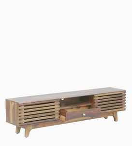 Meuble TV moderne écologique et durable en bois Console multimédia Tiroirs de rangement de grande capacité Portes à lattes pour ferme et école - Product Image 2