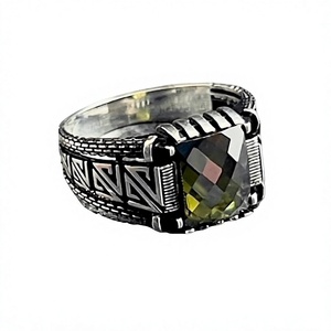 Handmade <b>Silver</b> Turkish Vintage Style <b>Men's</b> <b>Ring</b> with Green Peridot Square Cut Gemstone <b>Mens</b> Jewelry Gift - Product Image 1