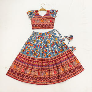 Lehenga Choli Tradicional Rajasthani para Niñas, Estilo Shoryam, Color Granate, Algodón Estampado, Ghagra Choli Largo Hasta el Suelo, para Fiestas y Festividades - Product Image 1