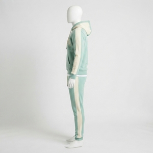<b>Mens</b> Mint Green Hoodie Tracksuit Sets Cream Side Stripes Embroidered <b>Pullover</b> Sweatshirt Joggers Pants Sportswear Gym Activewear - Product Image 2