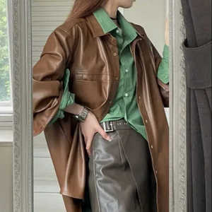Womens Vintage Brown PU Leather Jacket Loose Casual <b>Button</b> <b>Coat</b> - Product Image 4