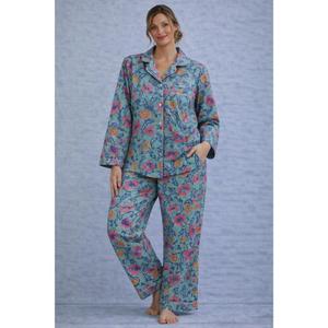 Conjunto de Pijama de Verano de Algodón Estampado a Mano, Lujoso, Transpirable, Suave, con Diseño Floral Indio, Ropa de Dormir Ligera - Product Image 1