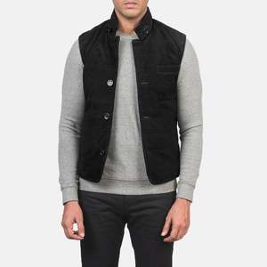 Chaleco Casual de Cuero Genuino para Hombre Tony con Logotipo Personalizado Bordado, Relleno de Algodón para Otoño y Verano, Estilo Gamuza Negra - Product Image 1
