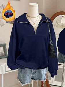 <b>Navy</b> Acid Wash Half Zip Women's Hoodies 100% Cotton Fleece Pullover Breathable Anti-Wrinkle Soft Streetwear Autumn Front OEM - Product Image 2