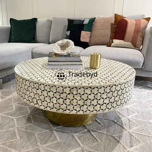 Mesa de centro moderna con incrustaciones de hueso con ilustraciones étnicas Consola hecha a mano para interiores con clase y decoración de sala de estar de lujo - Product Image 1